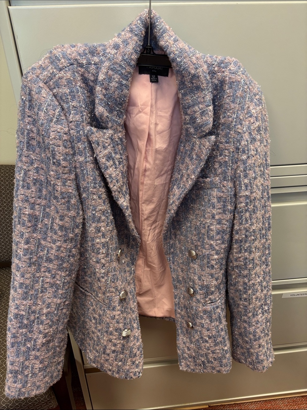 Tahari ASL Pink and Purple Tweed Double-Breasted Blazer with Notch Lapel